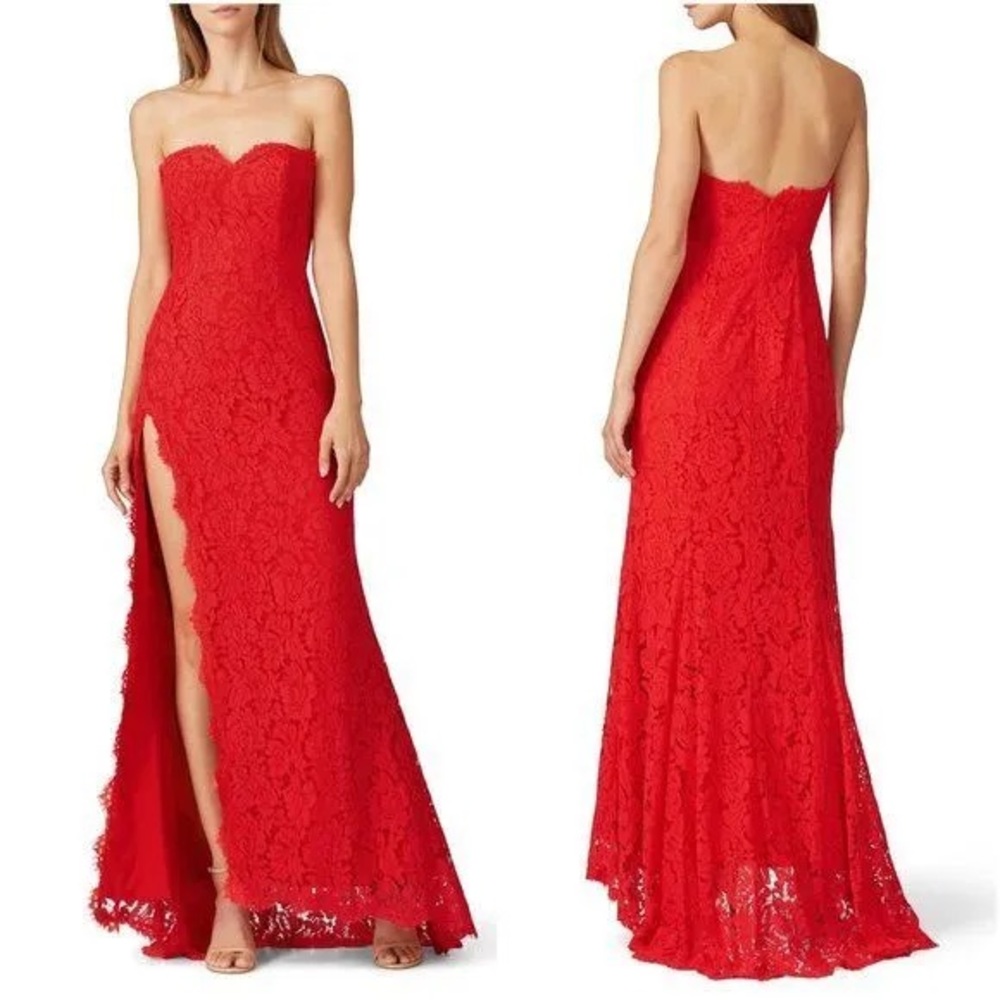 Fame & Partners Red Strapless Lace Twilight Gown Maxi Dress High Slit